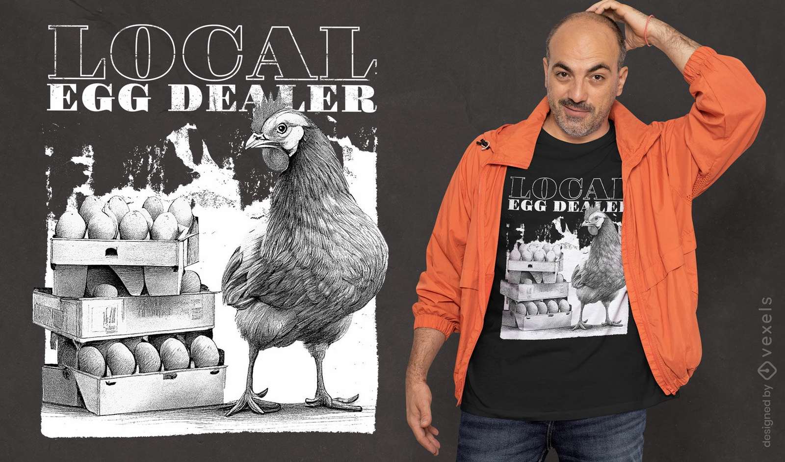 Design engra?ado de camiseta com revendedor local de ovos