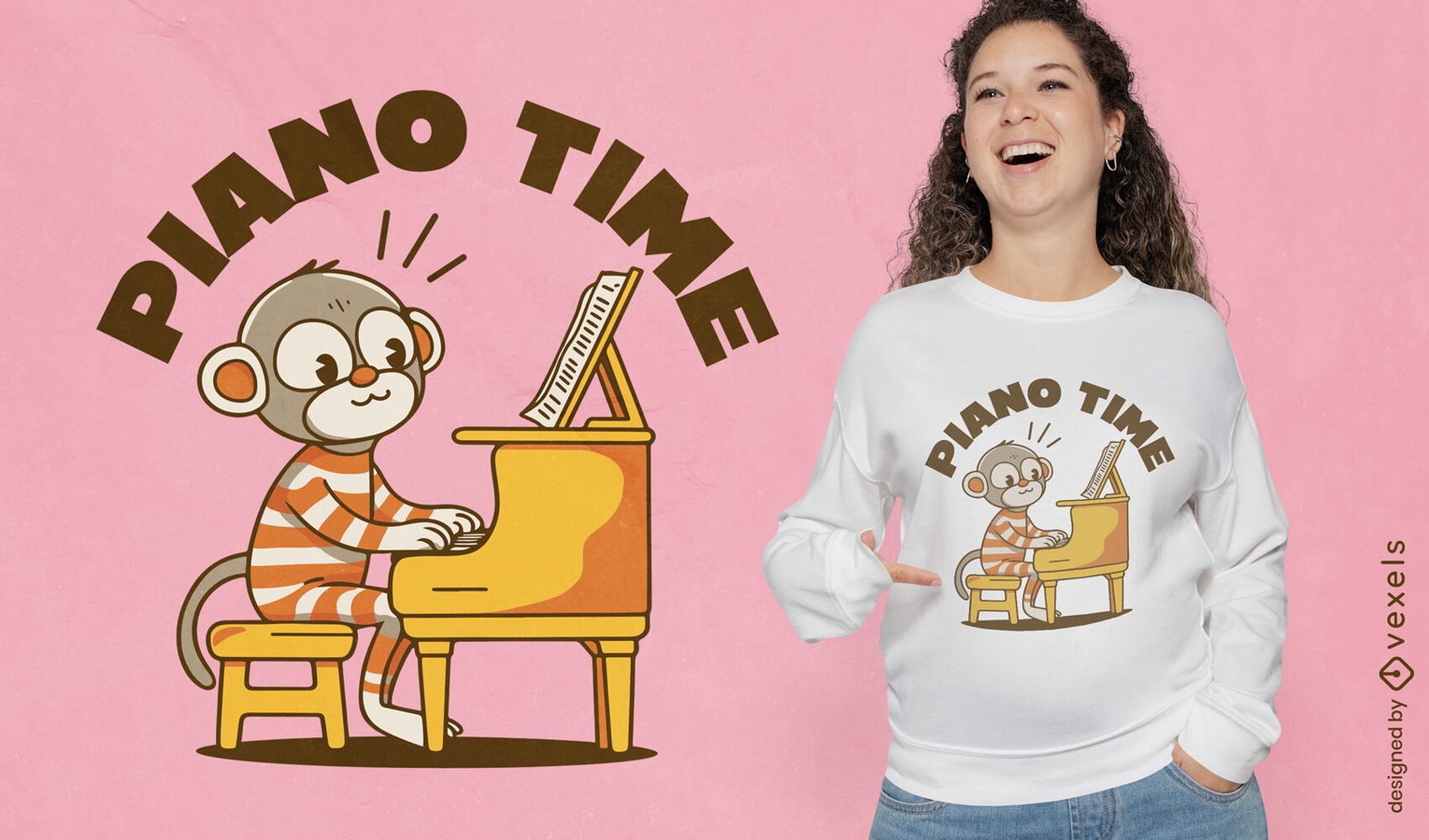 Diseño de camiseta de mono de tiempo de piano