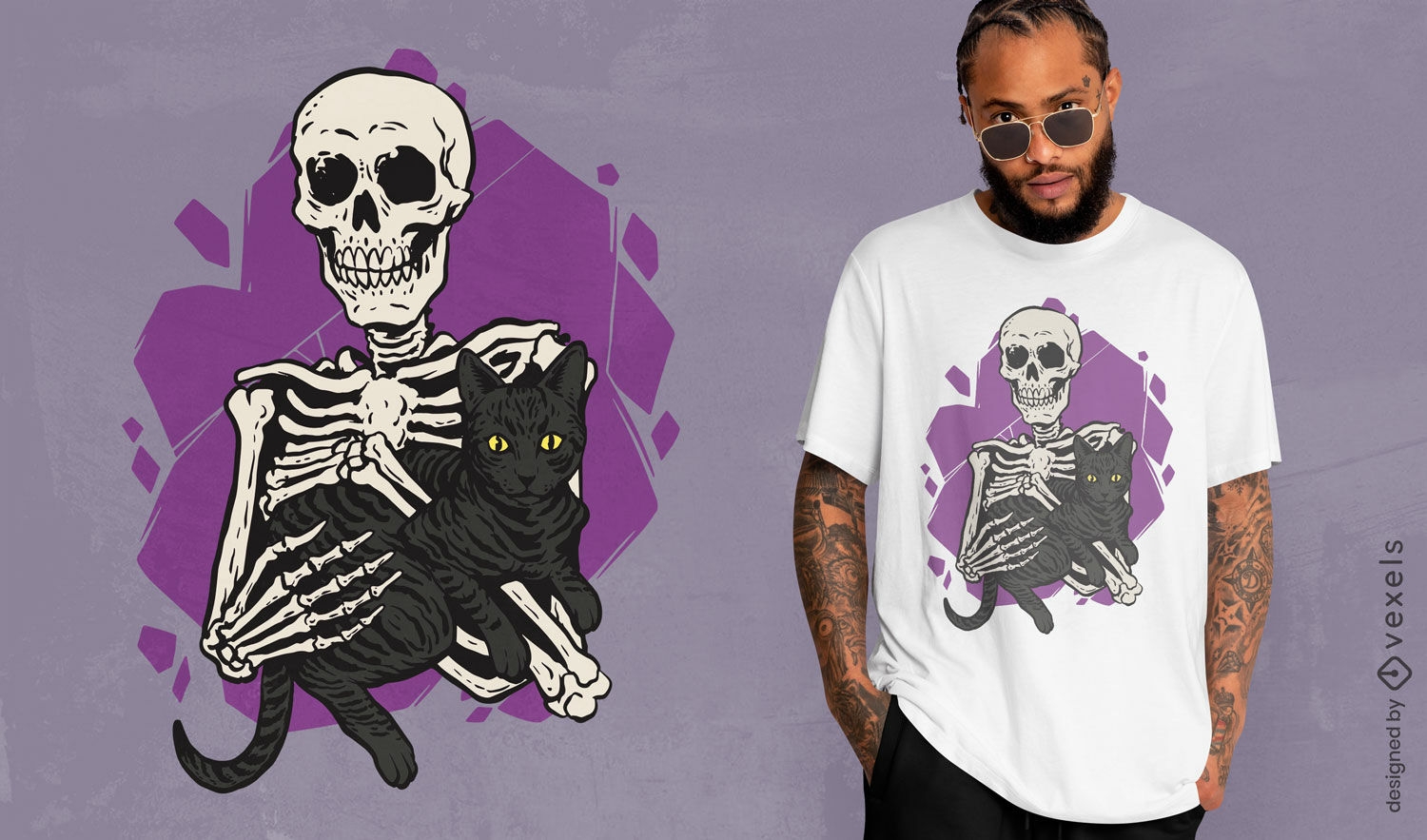 Diseño de camiseta de esqueleto y gato negro.