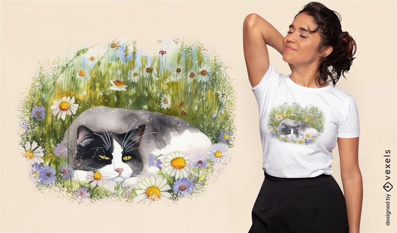 Diseño de camiseta de gato durmiendo en un campo de flores.