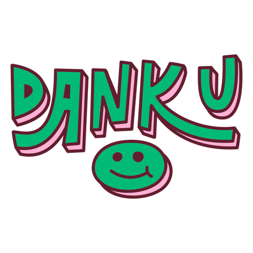 Cara sonriente verde con la palabra &#39;danku&#39; en ella. Diseño PNG