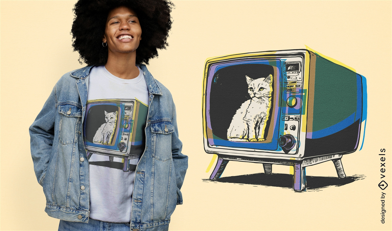 Diseño de camiseta retro gato en tv