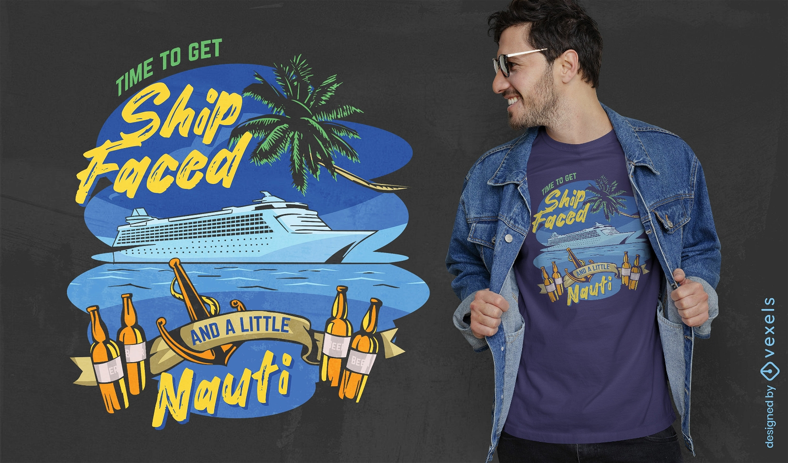 Mann trägt ein T-Shirt mit einem Kreuzfahrtschiff darauf