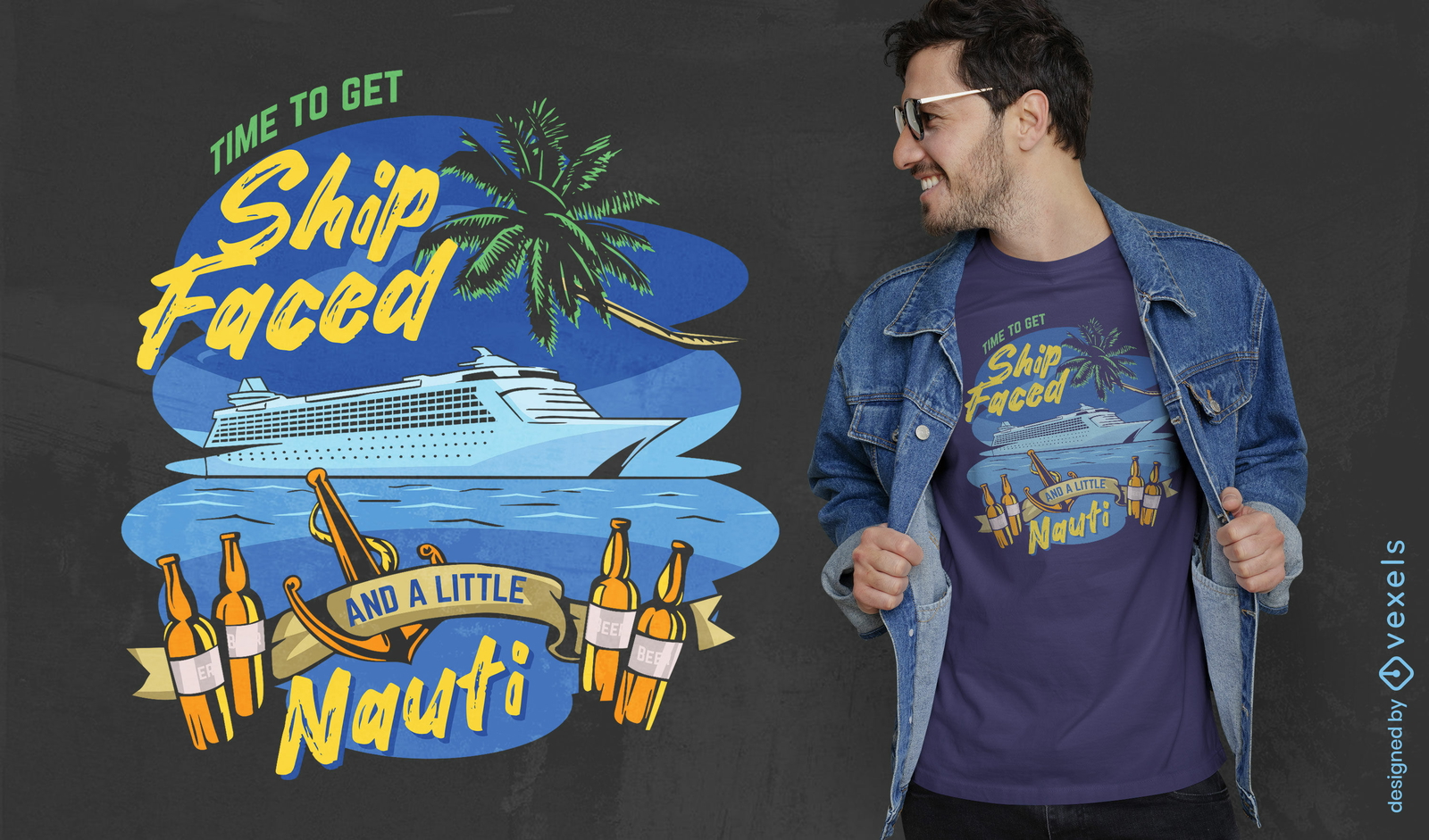 Mann trägt ein T-Shirt mit einem Kreuzfahrtschiff darauf