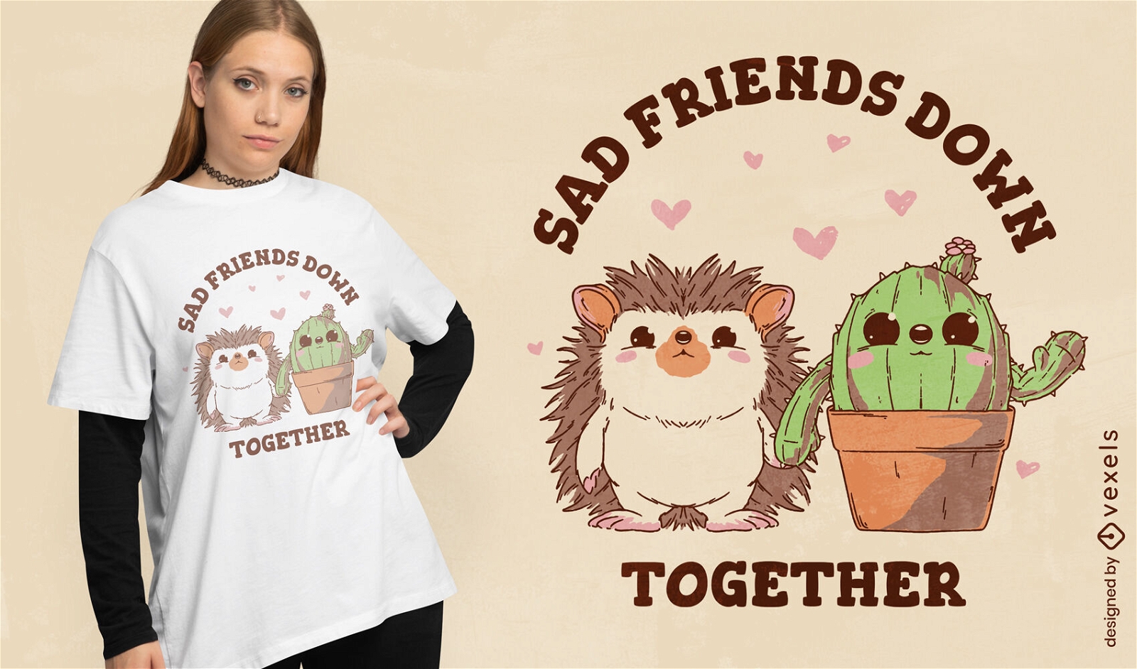 Design de camiseta de amigos de cacto e ouriço