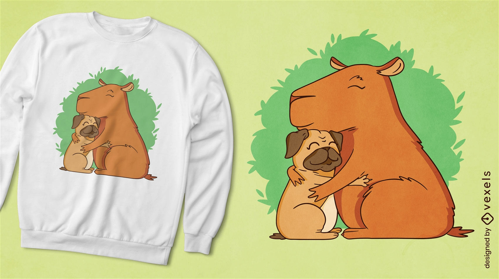 Pug e capivara abraçando design de camiseta