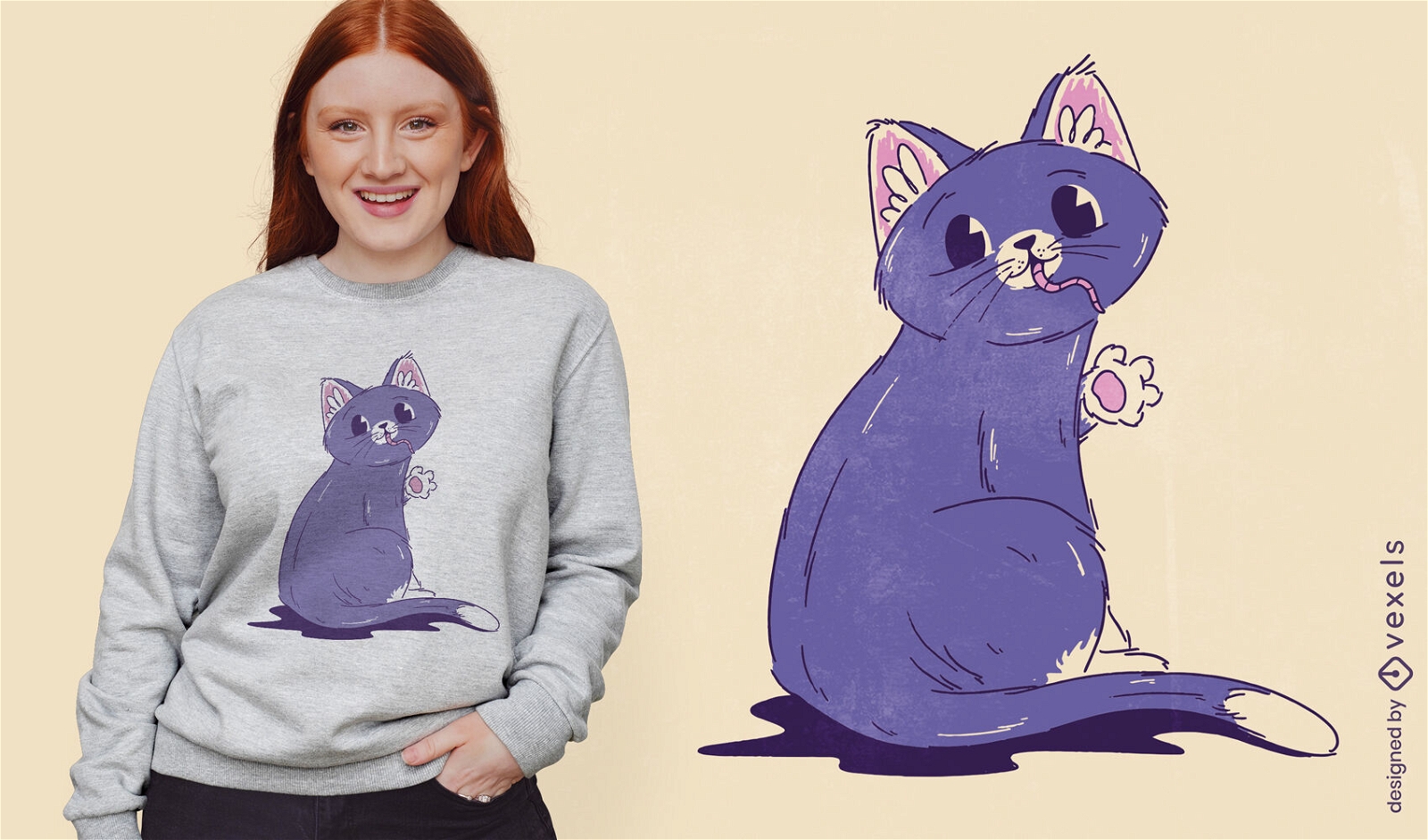 Diseño de camiseta de gato morado comiendo ratón.