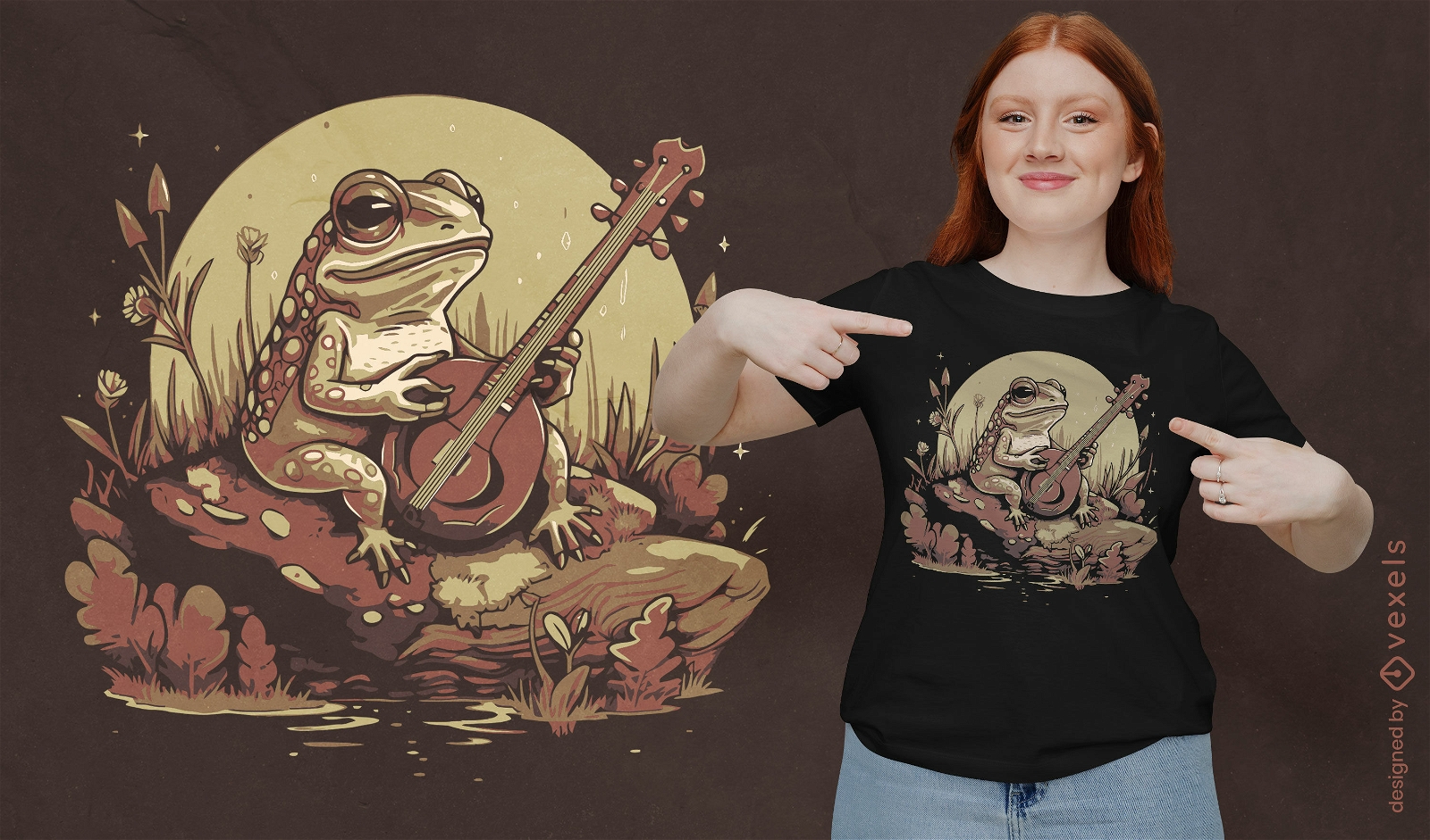 Frog playing the banjo on a rock t-shirt design