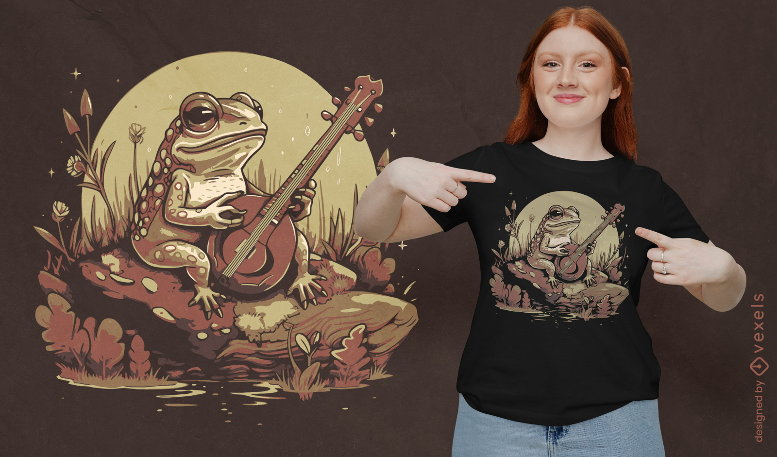 Sapo tocando banjo em um design de camiseta de rock