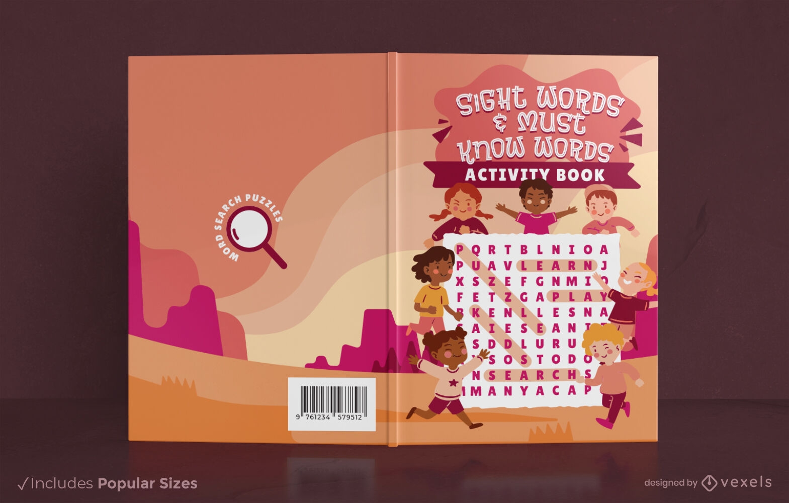 Children playing with word search puzzle book cover design