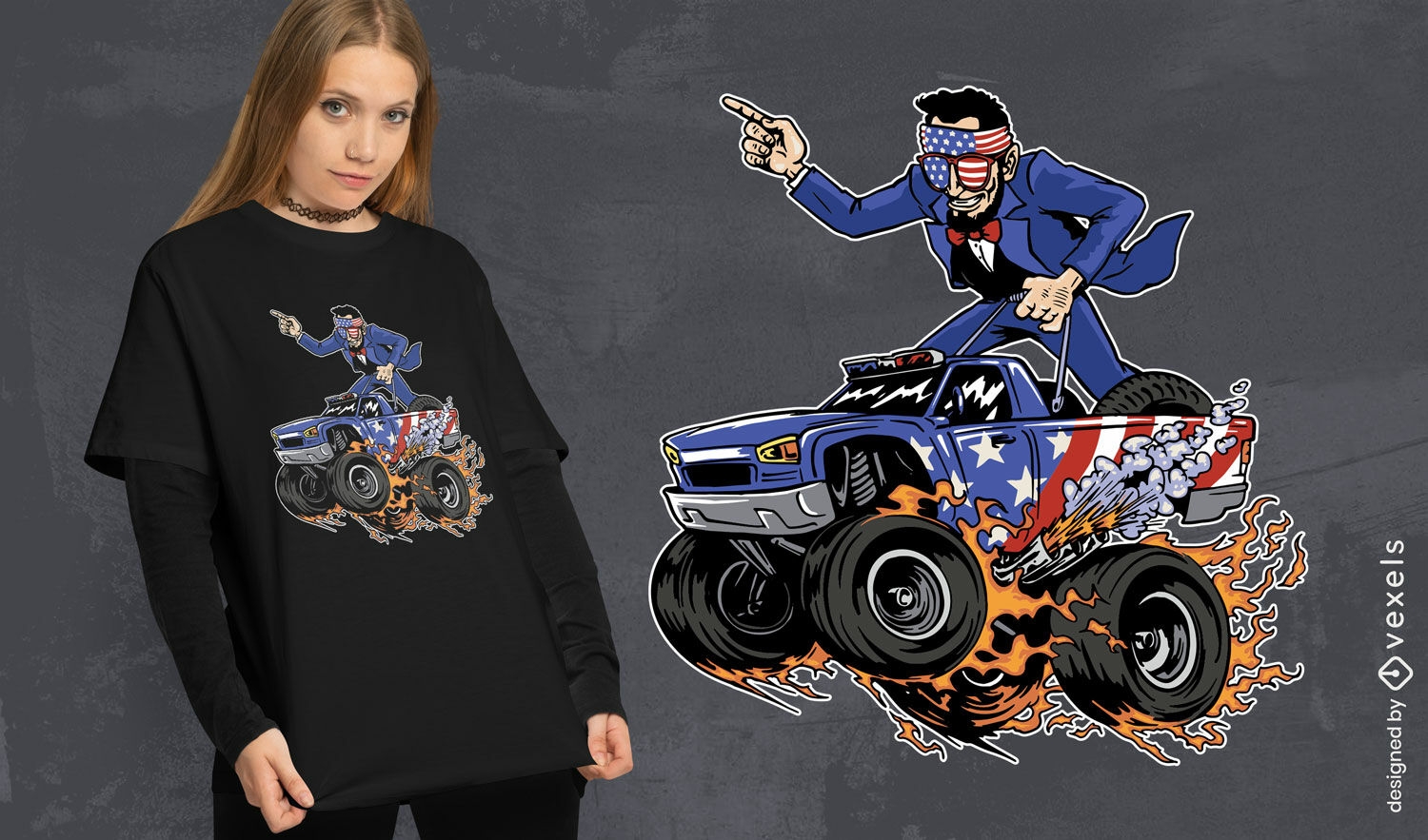 Abraham Liconln on a monster truck t-shirt design