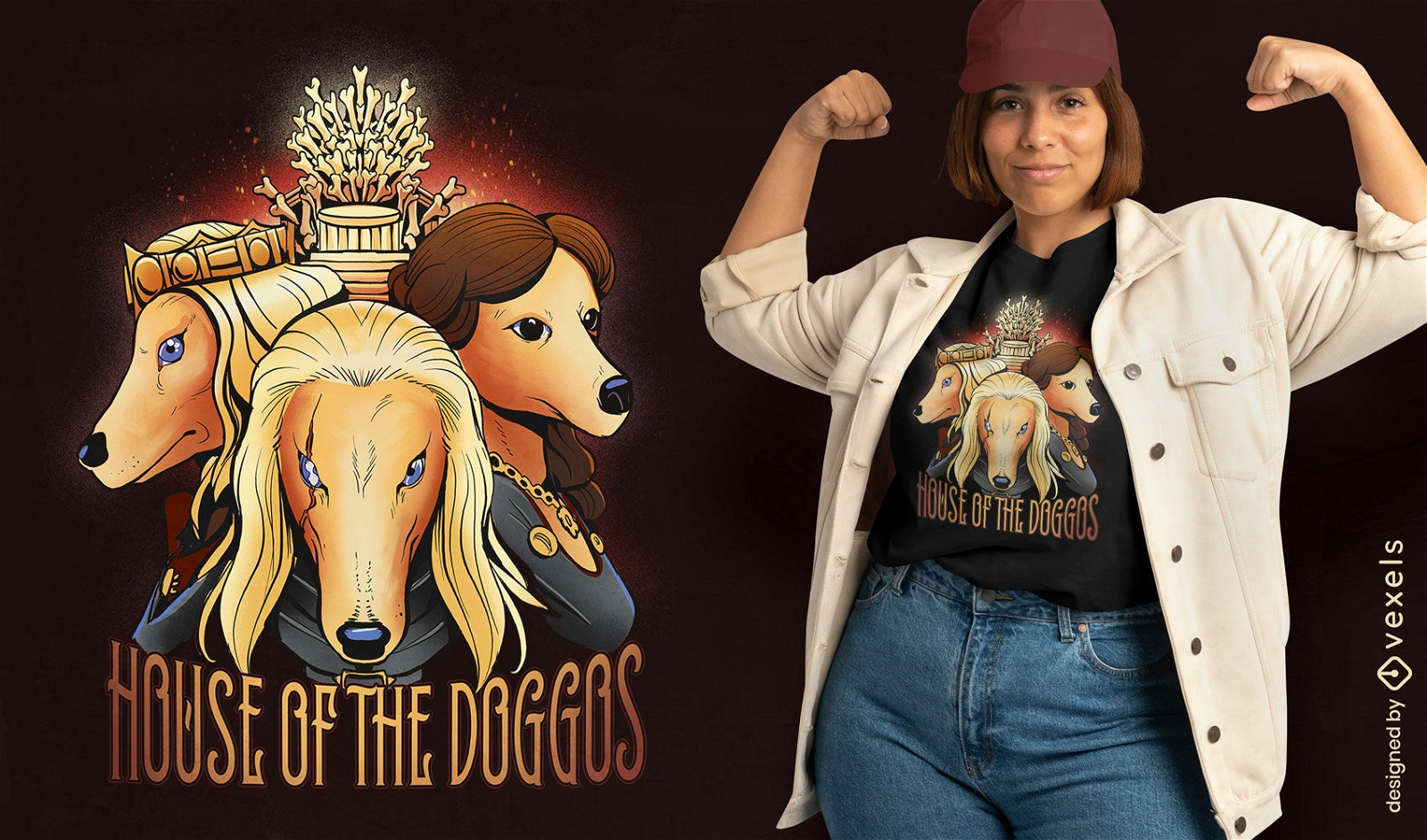 Diseño de camiseta Doggos con coronas.