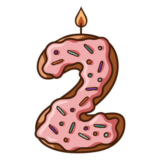 Pink donut with a candle in the shape of the number two PNG Design