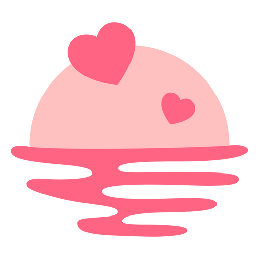 Sol rosa con corazones en el agua. Diseño PNG