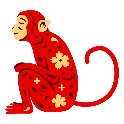 Whimsical red monkey illustration adorned with floral patterns PNG Design