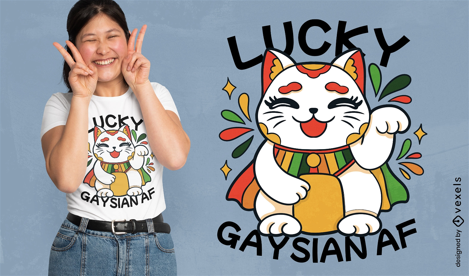 Design de camiseta de gato da sorte asiático LGBT