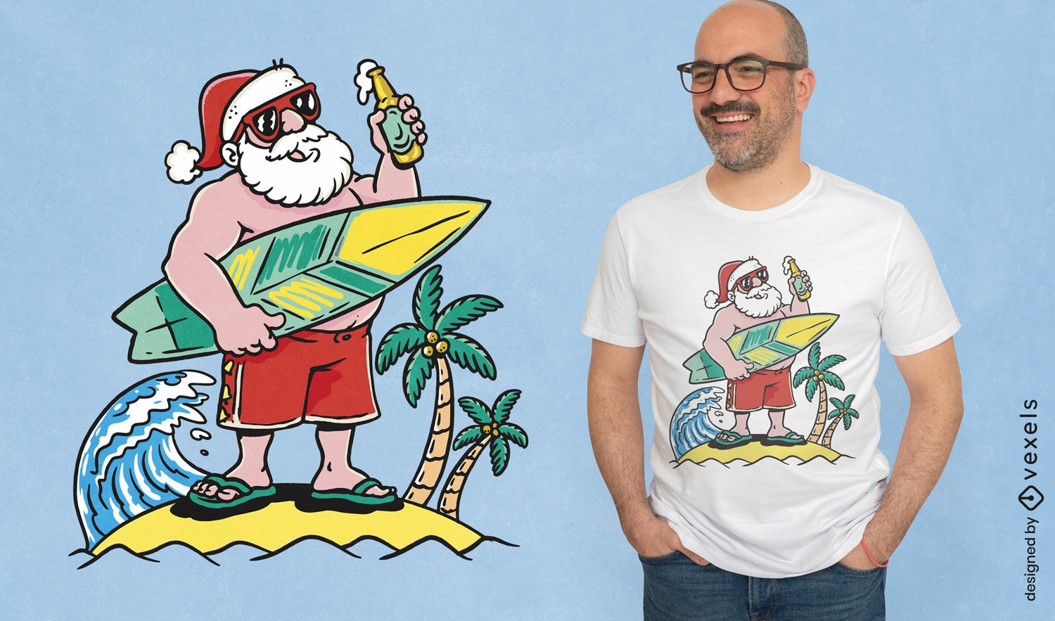 Papá Noel con diseño de camiseta de tabla de surf