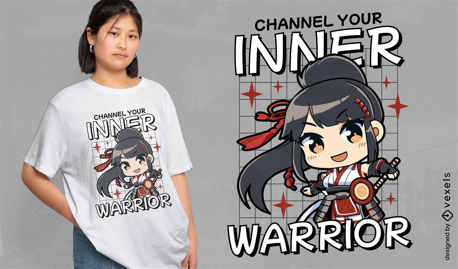 Design de camiseta guerreira Chibi samurai girl