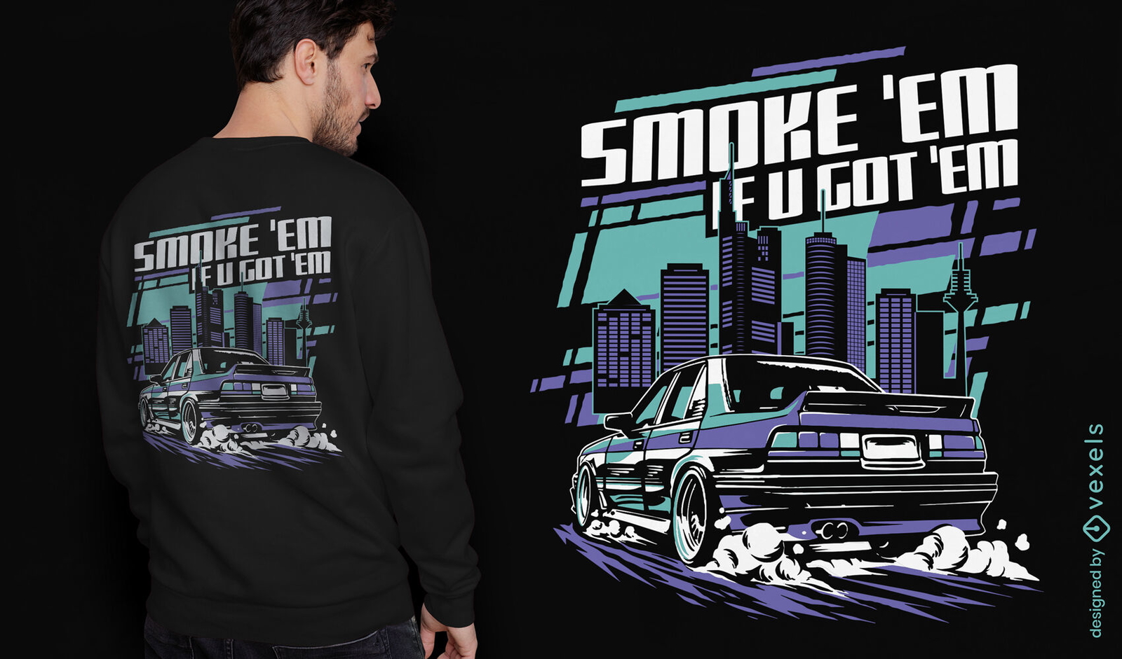 Coche a la deriva en un diseño de camiseta de ciudad.