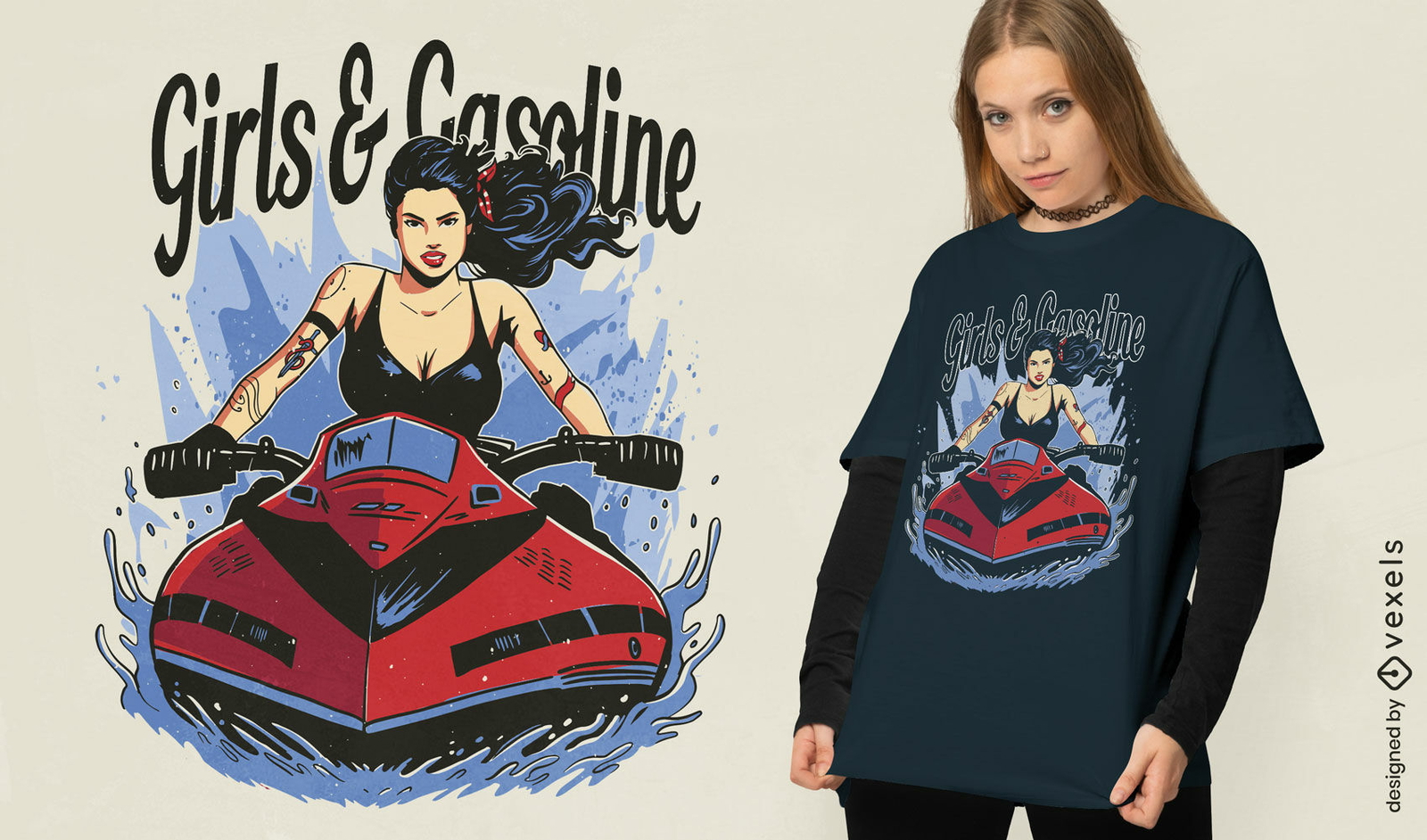 Diseño de camiseta de chica montando jetski