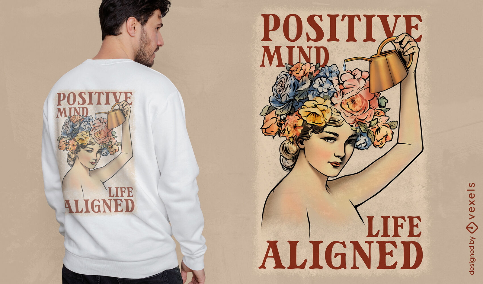 Diseño de camiseta de mujer regando flores en la cabeza