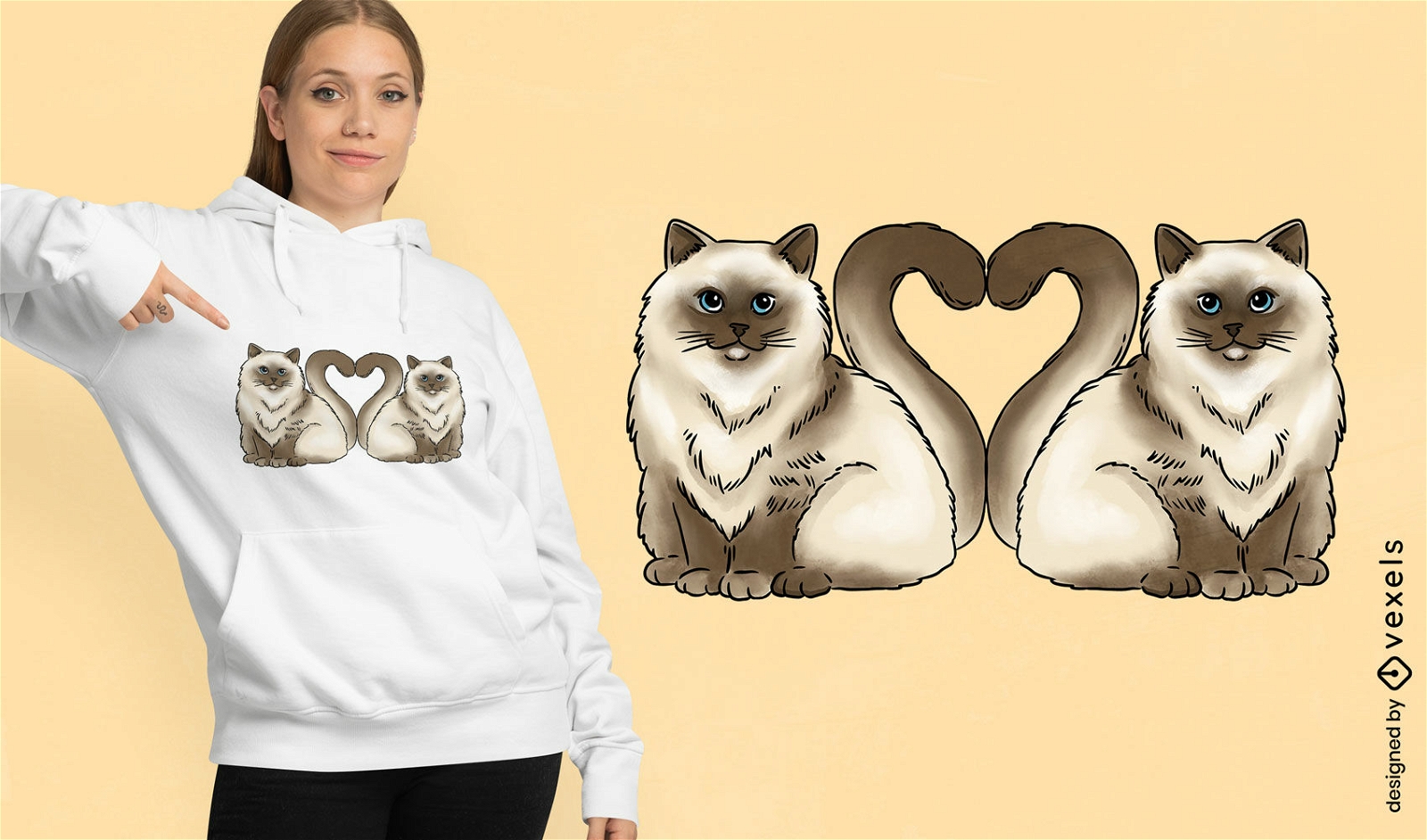 Diseño de camiseta de corazón de gatos birmanos.