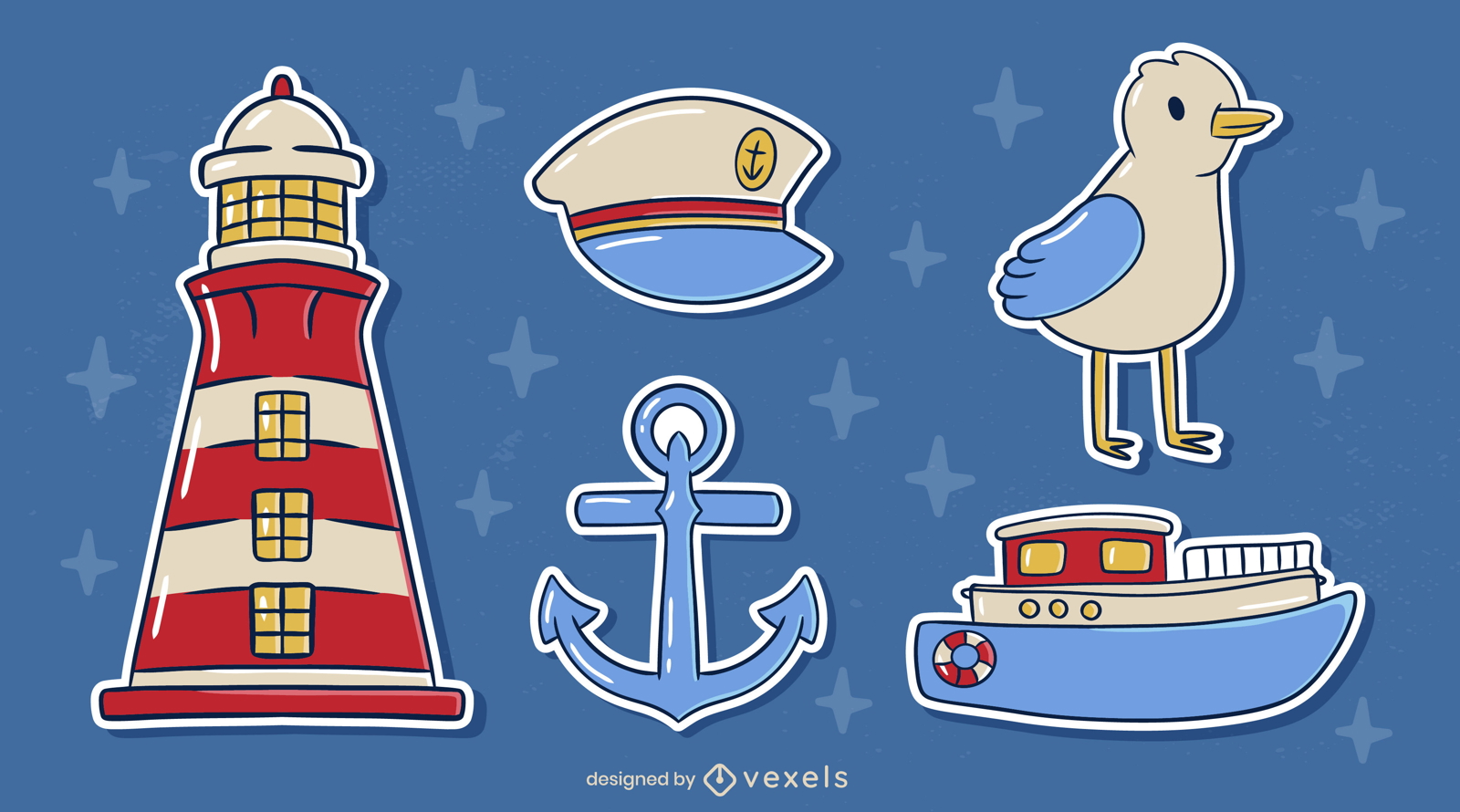 Nautical and sea elements cartoon set