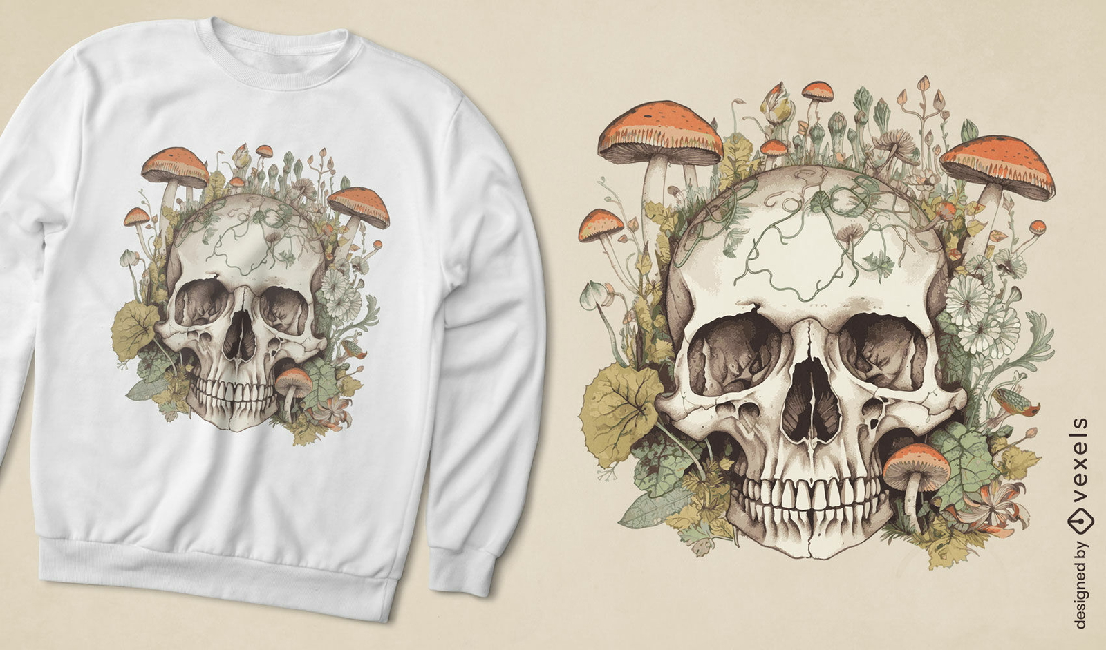 Diseño de camiseta calavera con setas