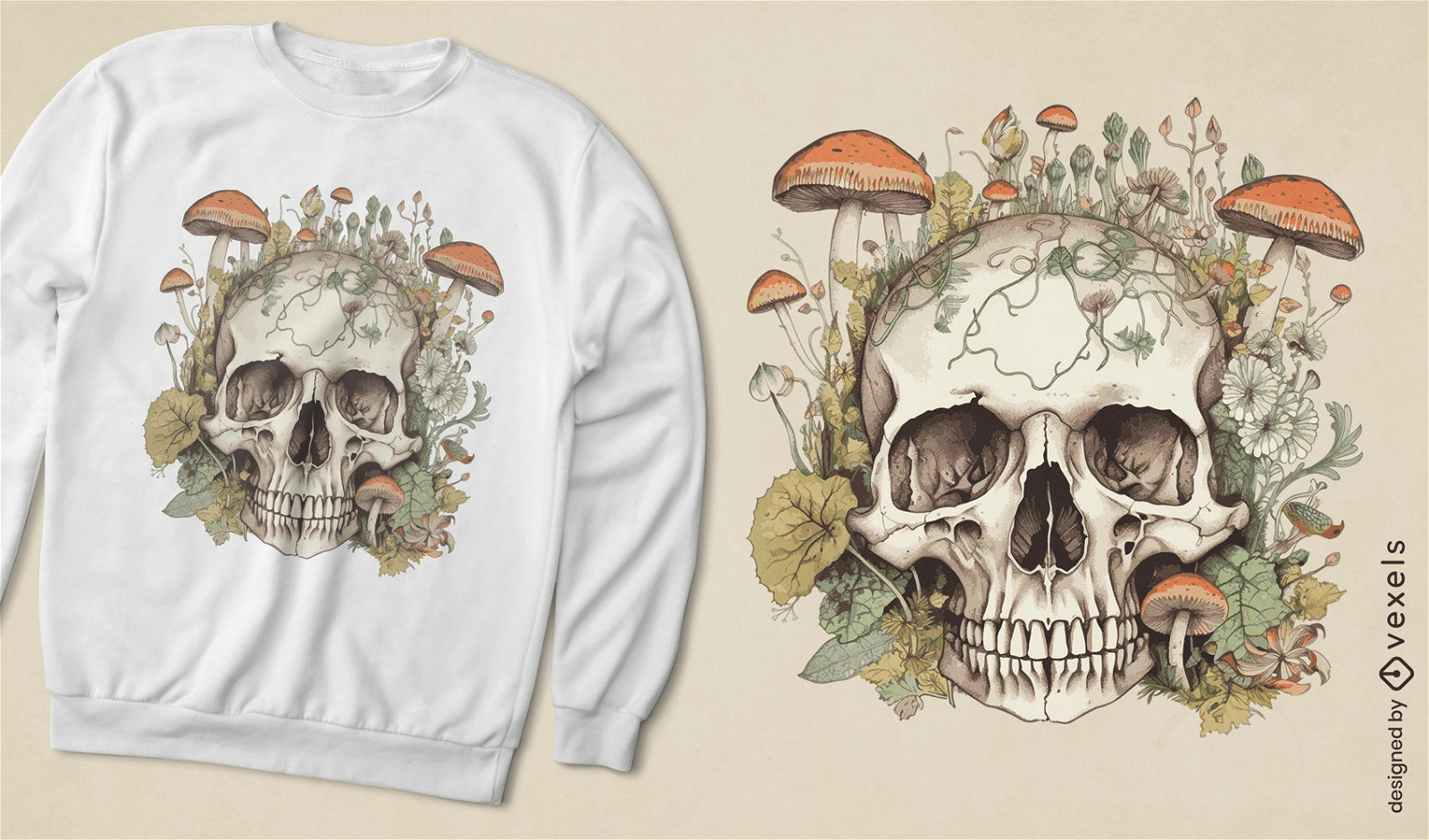 Totenkopf mit Pilz-T-Shirt-Design