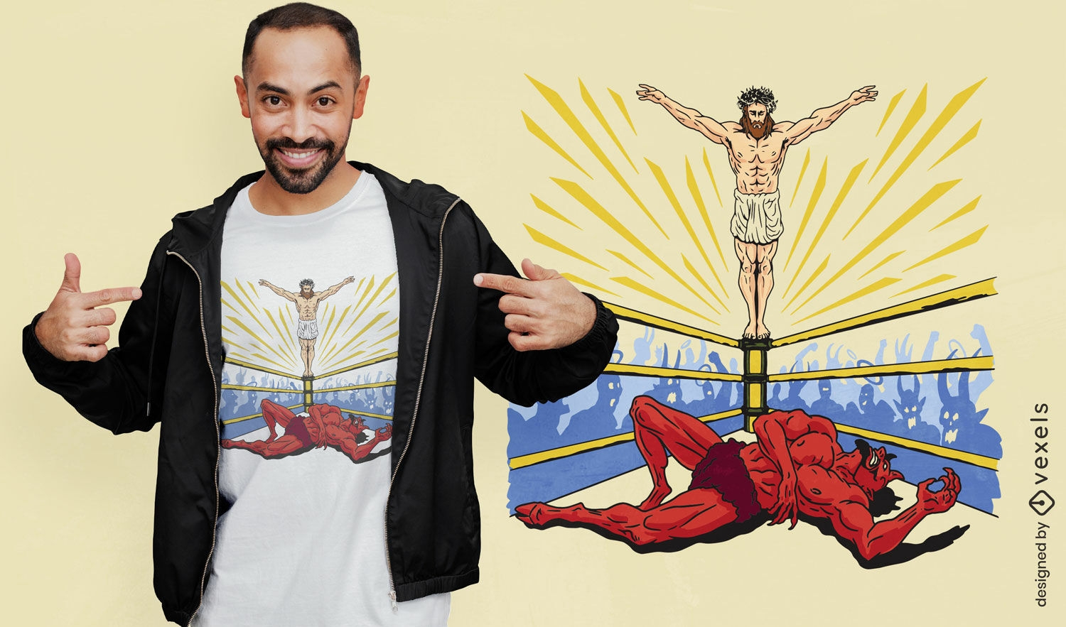 Diseño de camiseta de Jesús luchando contra Satanás