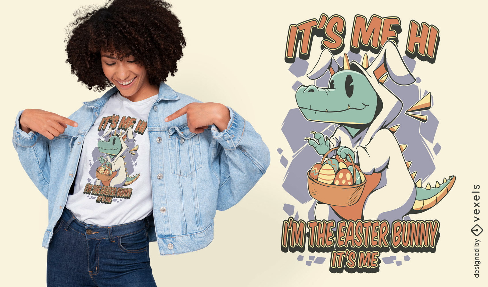 Dinossauro T-rex em design de camiseta de páscoa