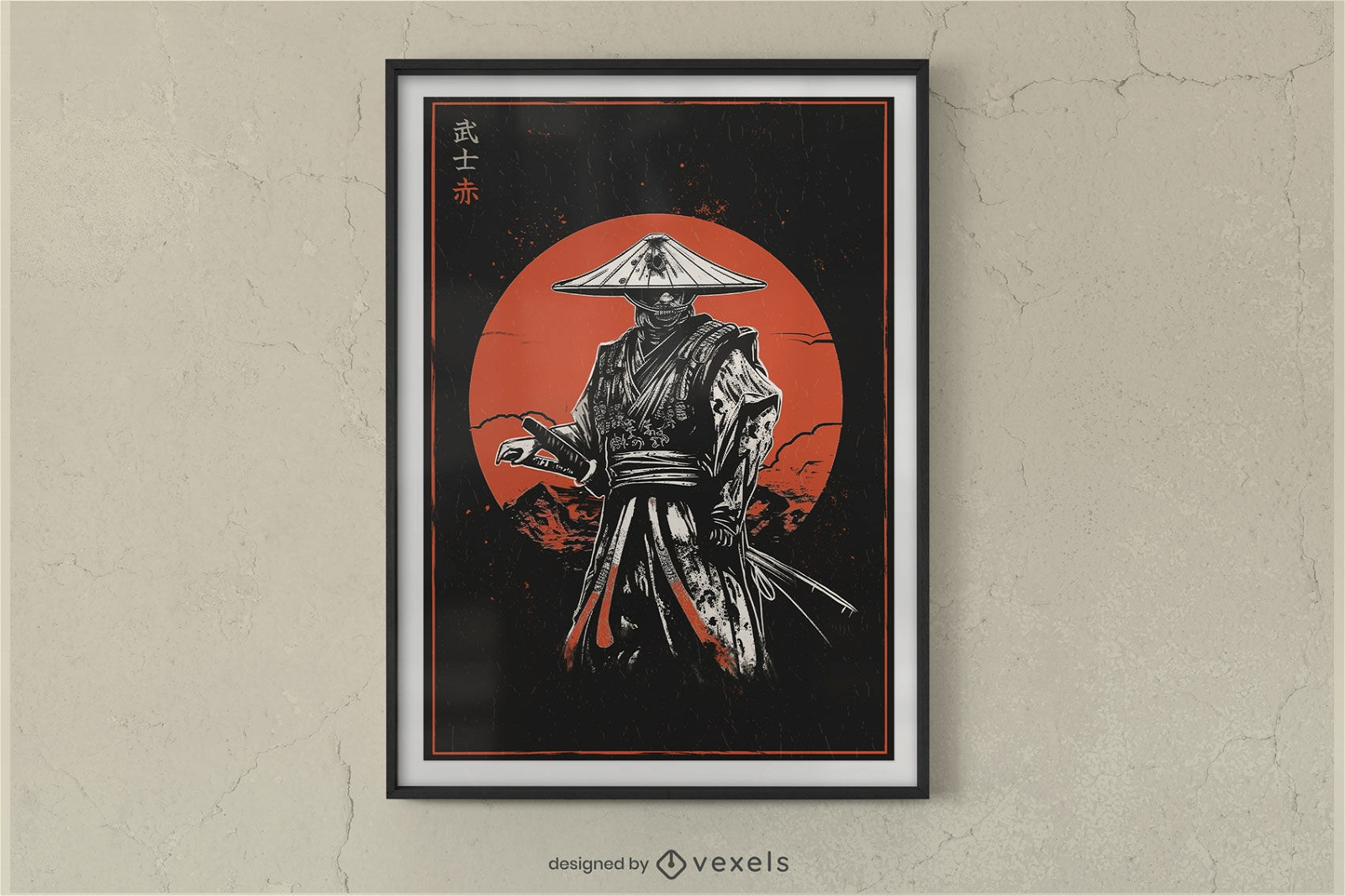 Diseño de cartel de sol rojo samurai.