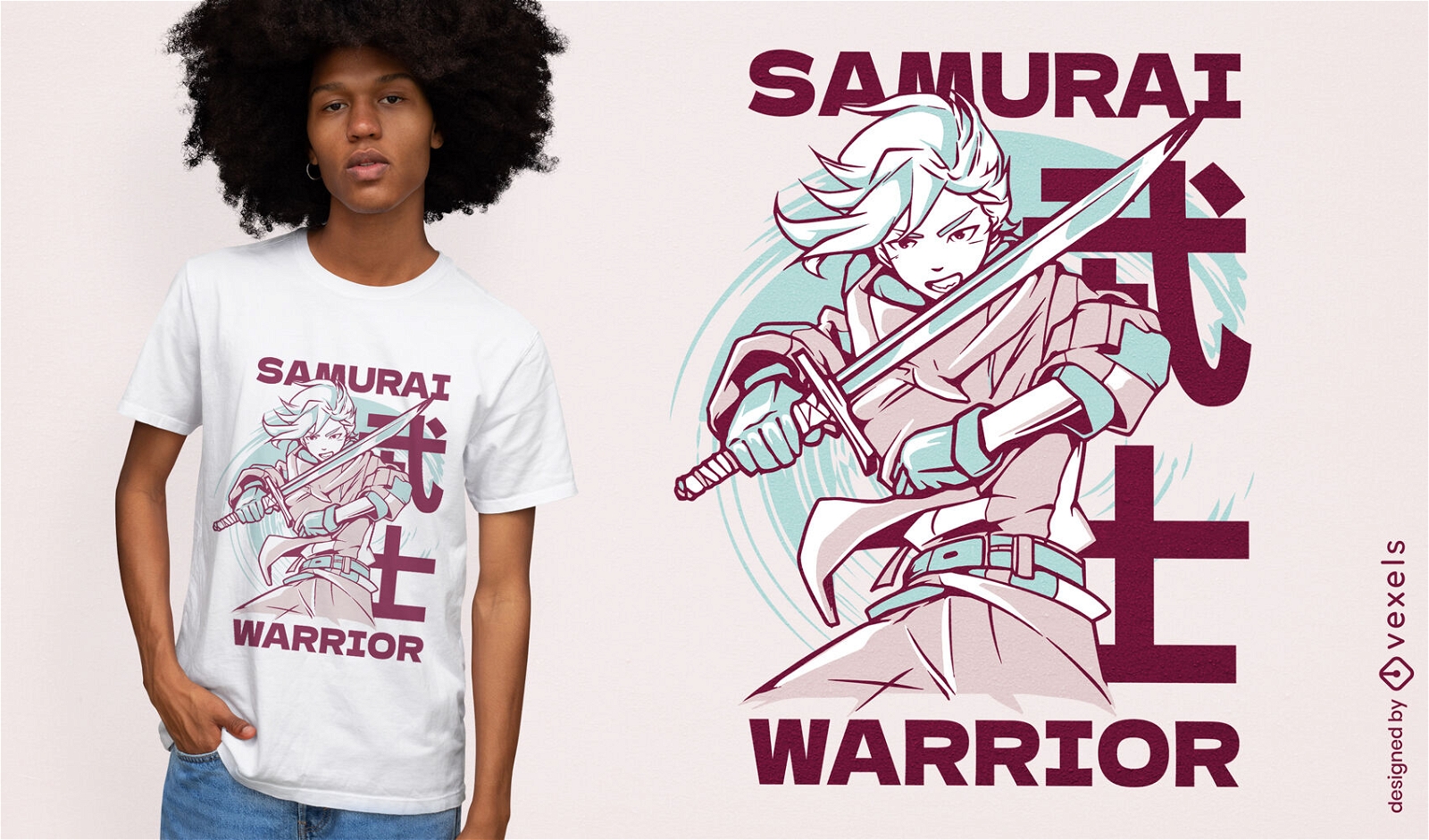 Design de camiseta de anime guerreiro samurai