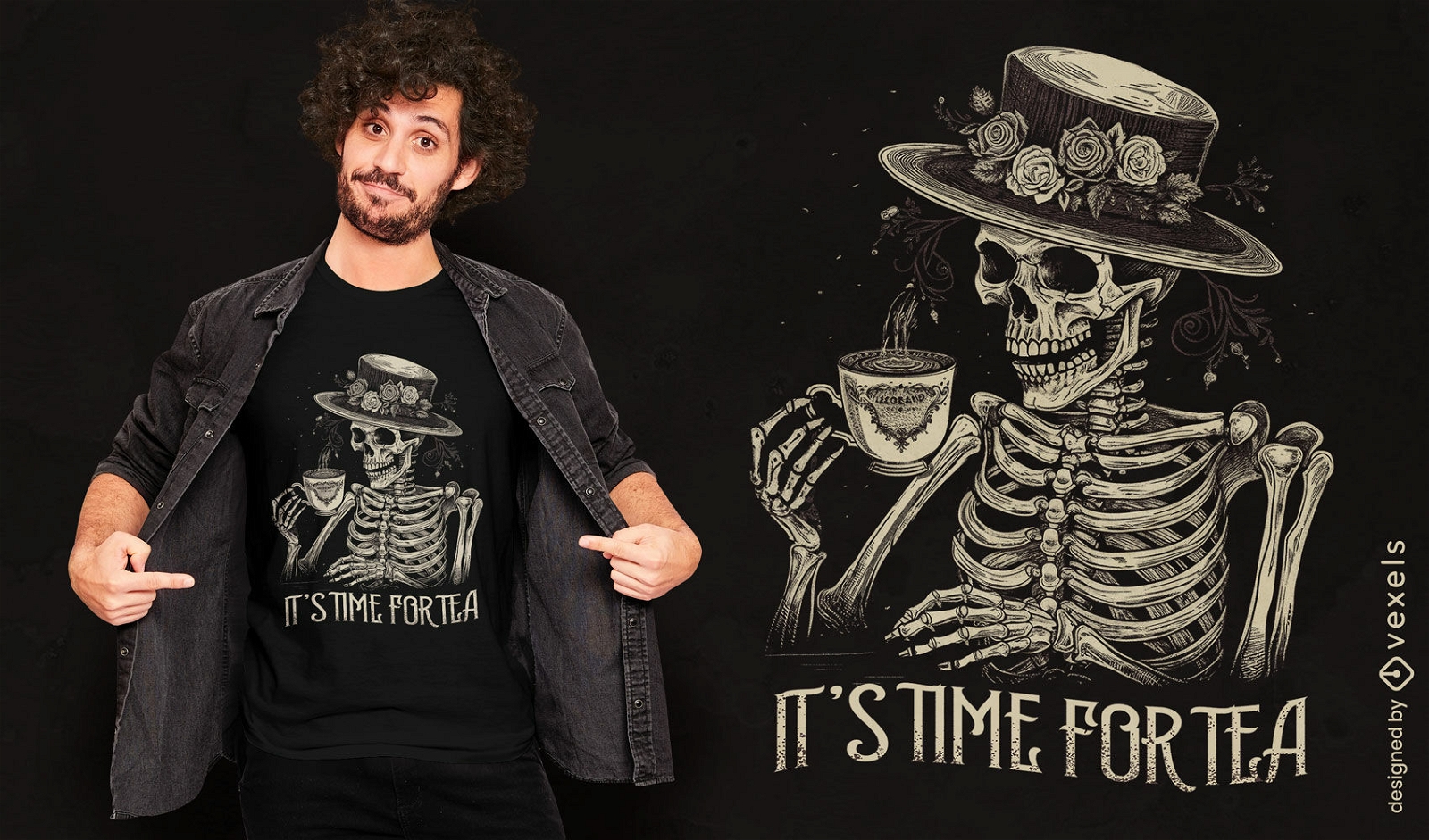 Diseño de camiseta de esqueleto de la hora del té.