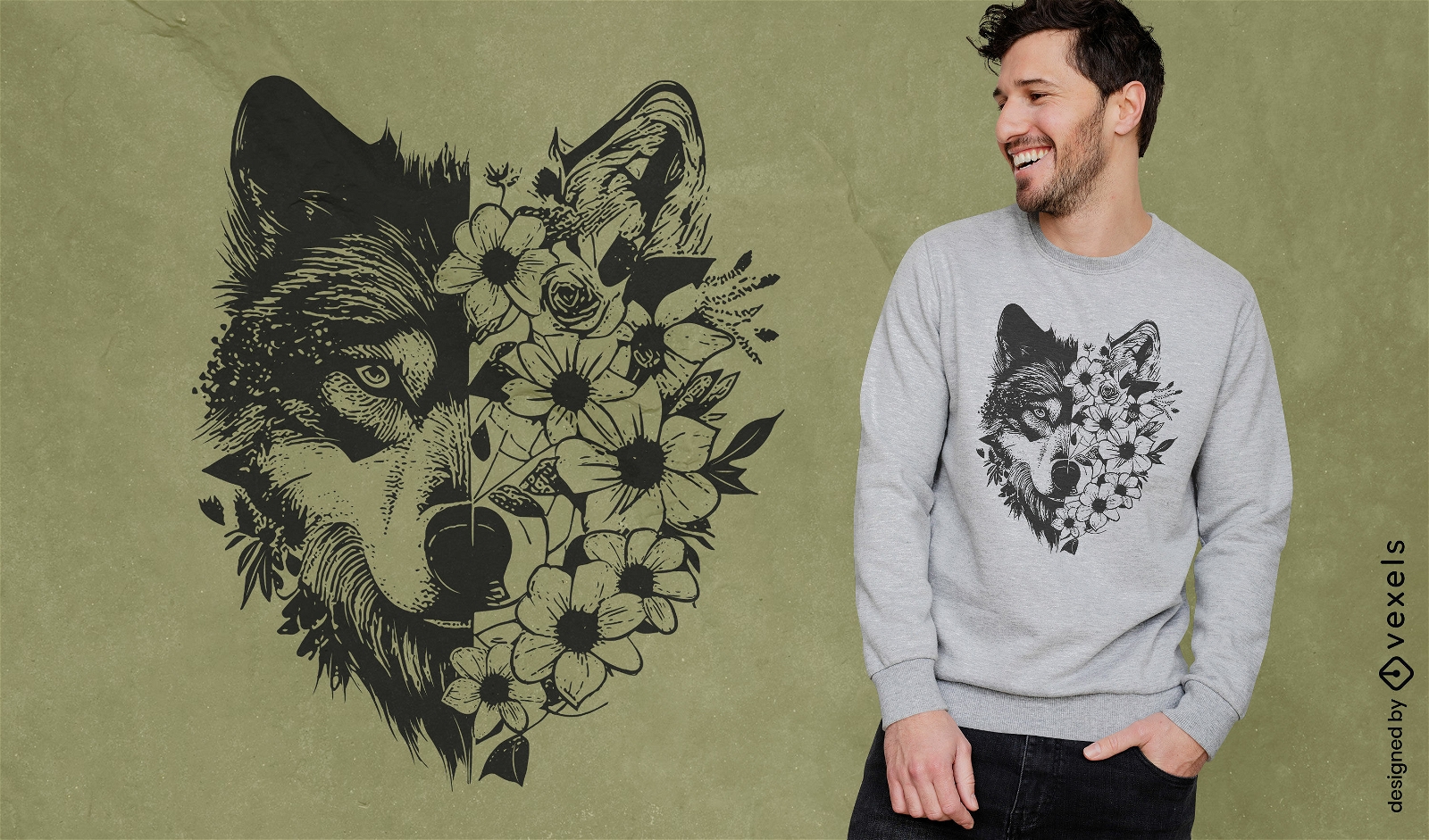 Diseño de camiseta de lobo floral.