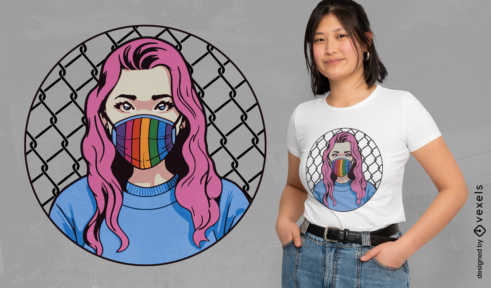 Design de camiseta de menina asiática de cabelo rosa