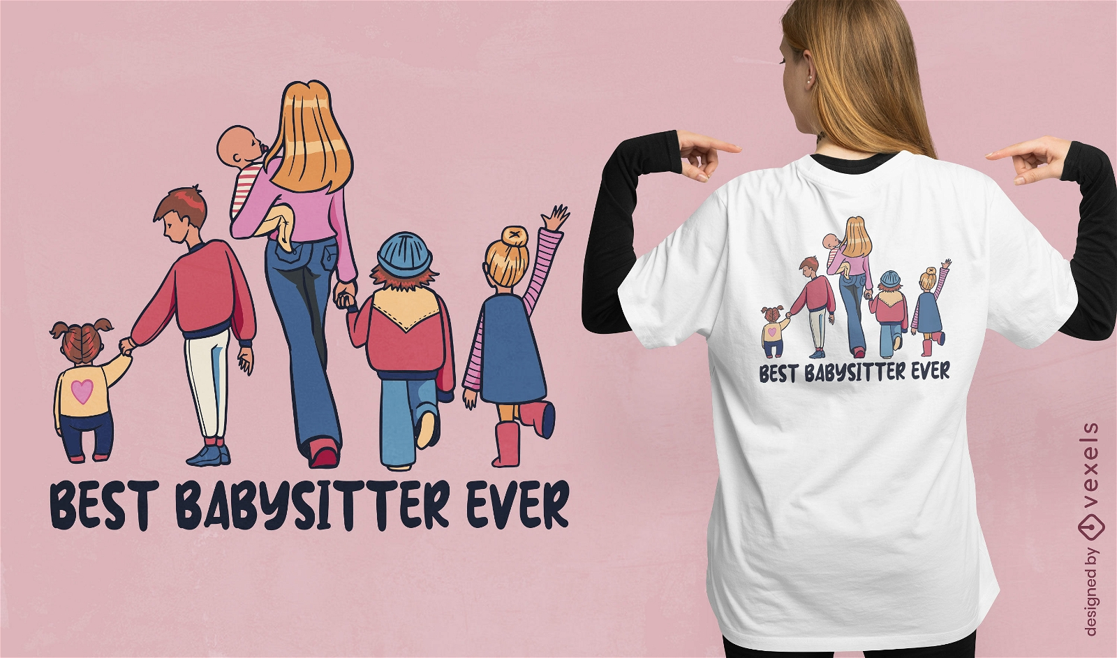 Diseño de camiseta de niñera con muchos niños.