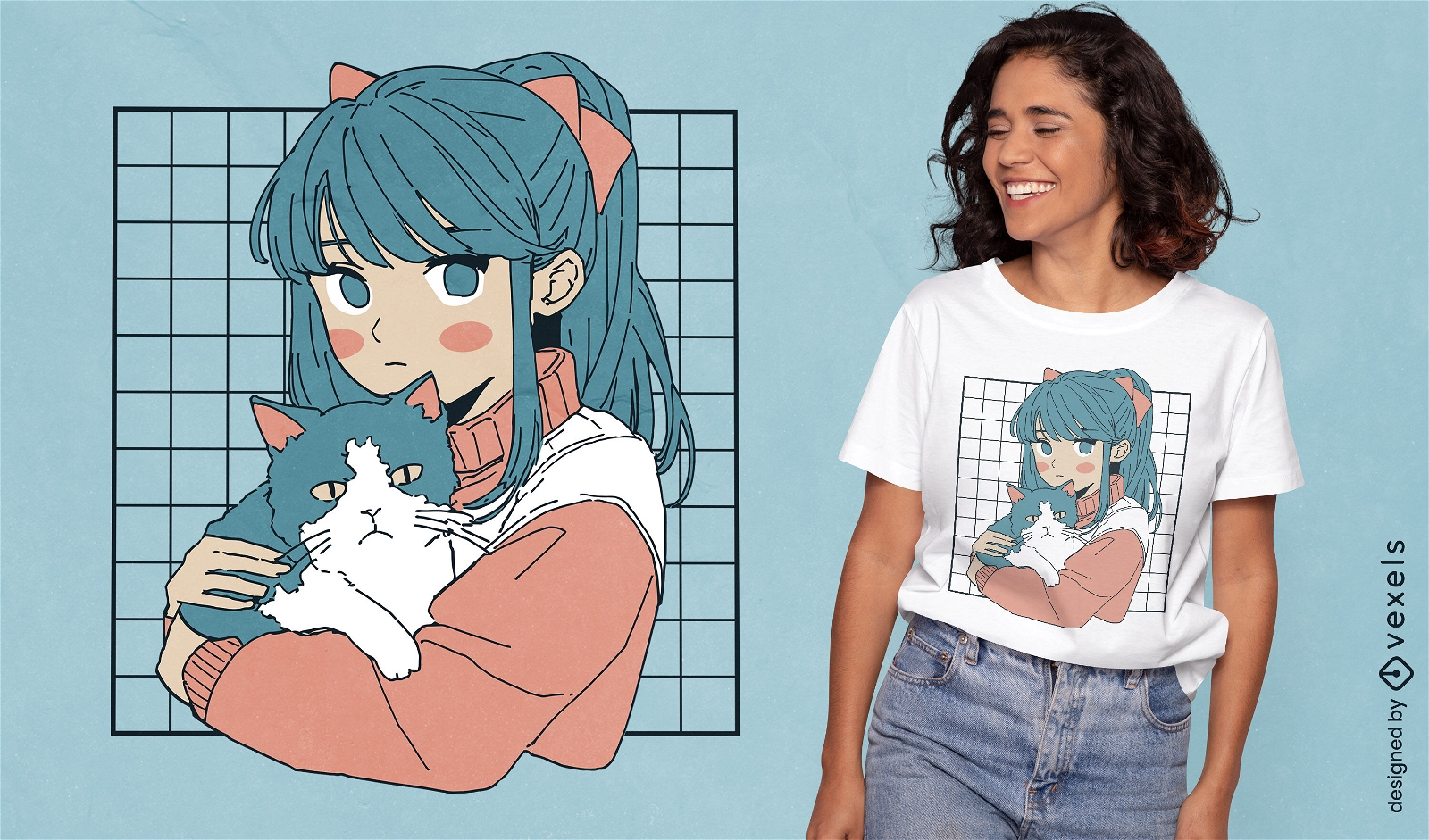 Anime-Mädchen mit Katzen-T-Shirt-Design