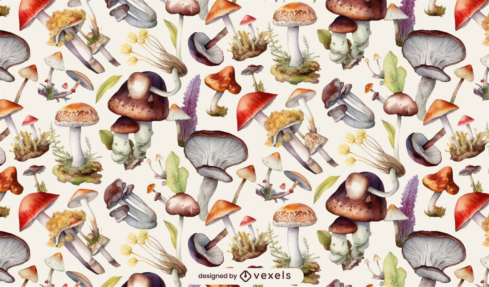 Realistic mushrooms and plants pattern design