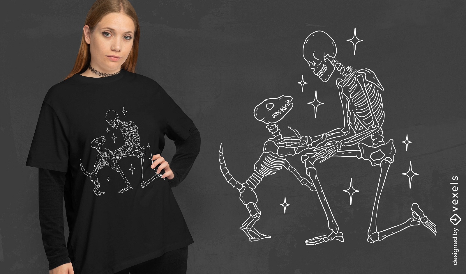 Diseño de camiseta de esqueletos humanos y perros.