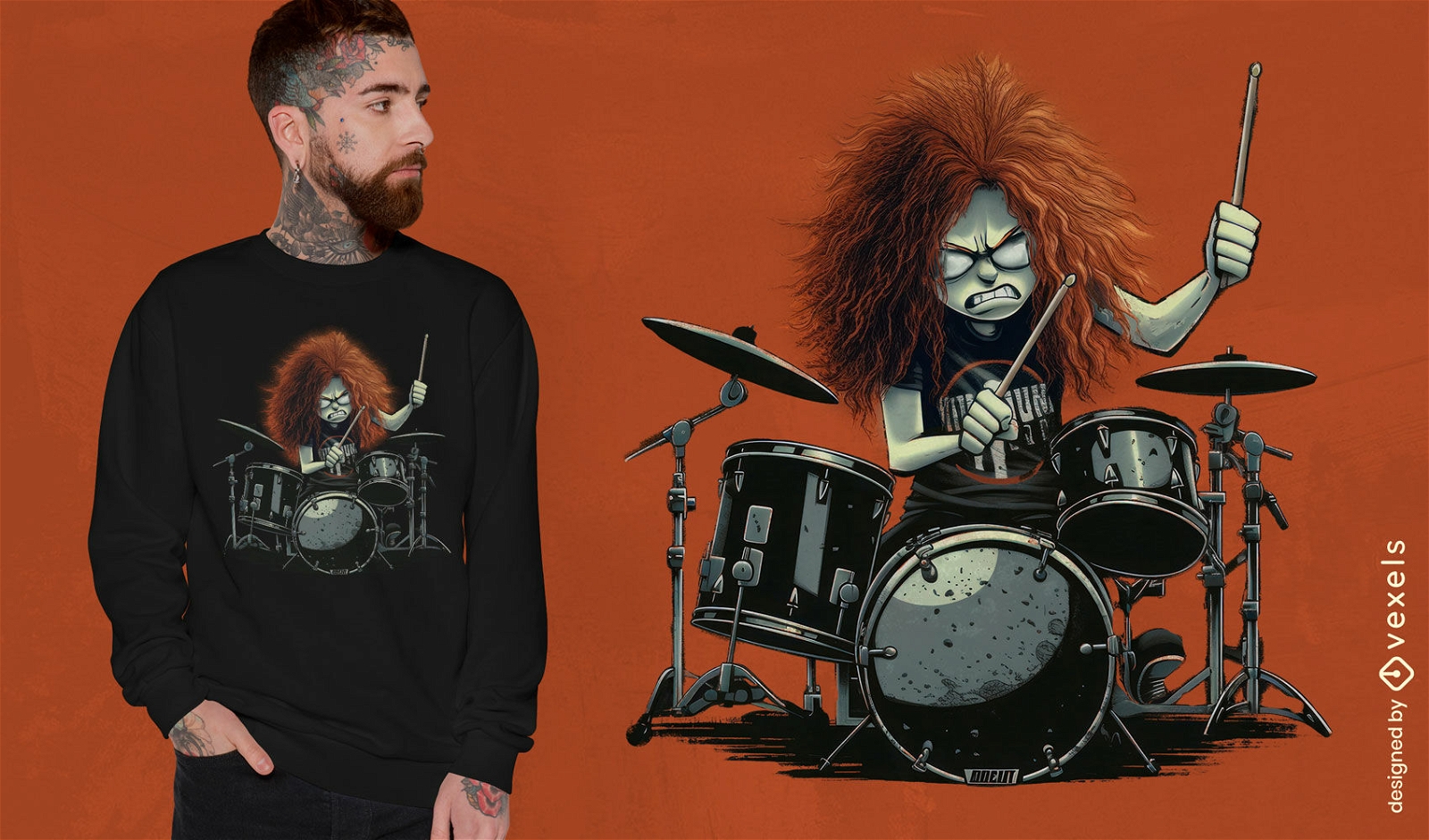 Design de camiseta de baterista ruiva louca