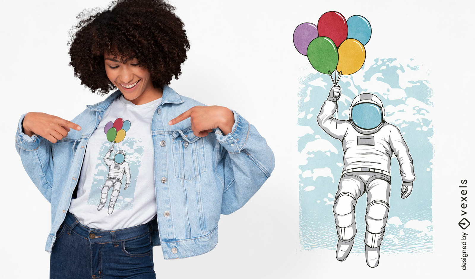 Diseño de camiseta de astronauta volando con globos.