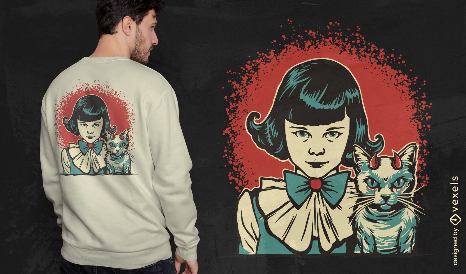 Diseño de camiseta diabólica de niña y gato.