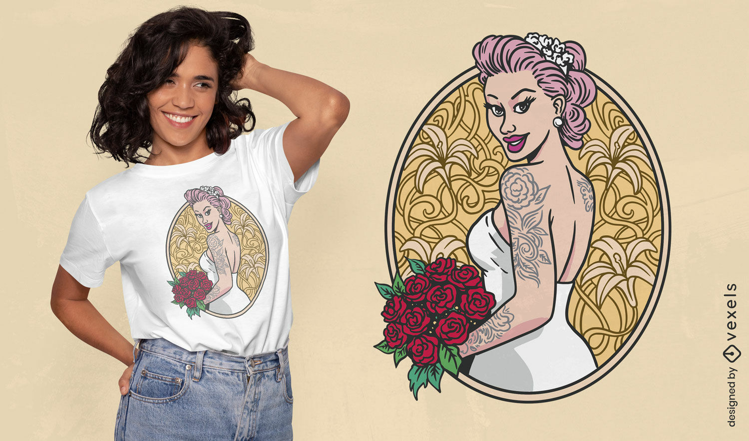 Design de camiseta de desenho animado de noiva pin up