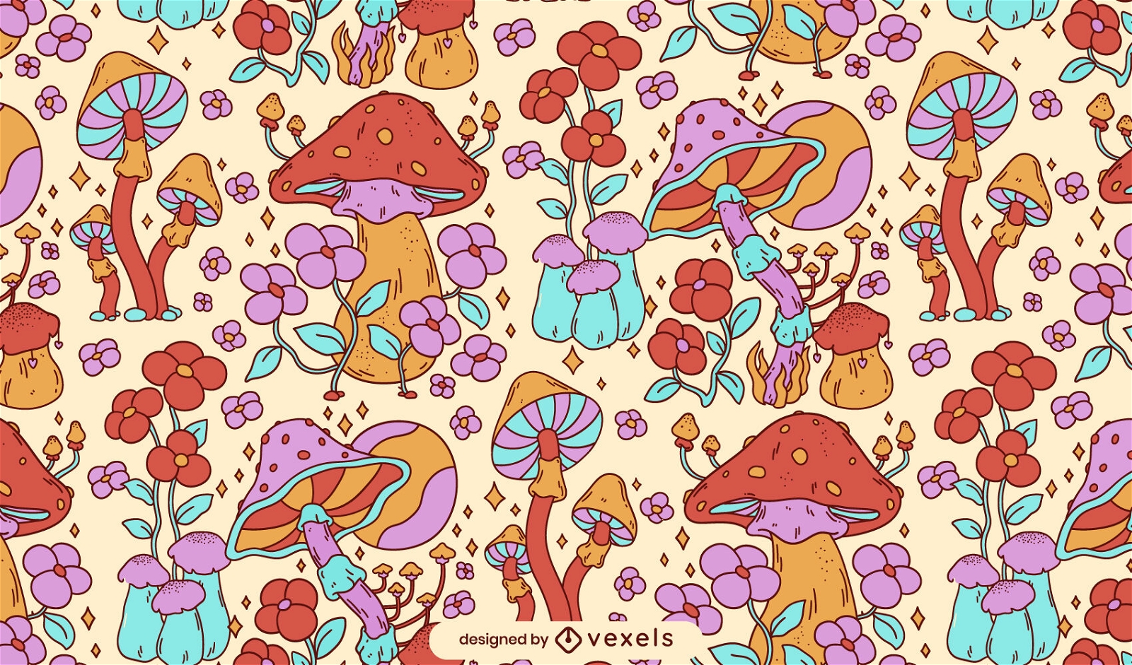 Cogumelos retrô e design de padrão de flores