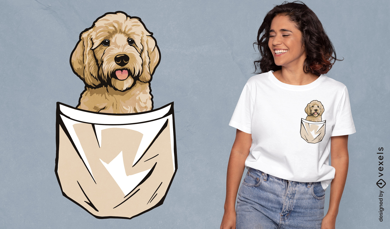 Diseño de camiseta con bolsillo de perro golden doodle