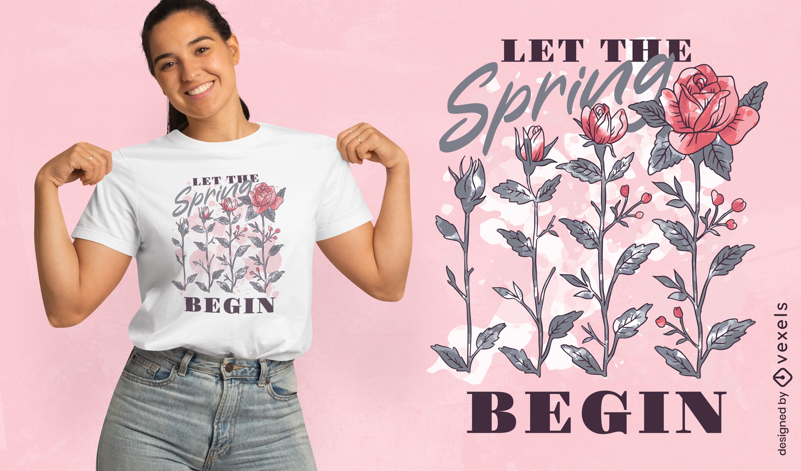 Diseño de camiseta de naturaleza de jardín de rosas de primavera.