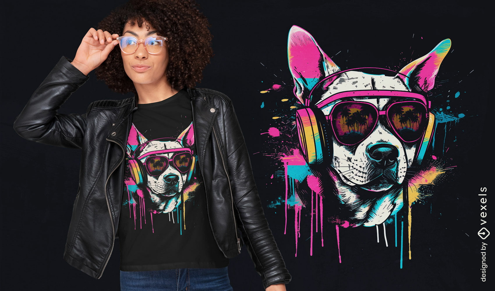 Diseño de camiseta de perro moderno con auriculares.