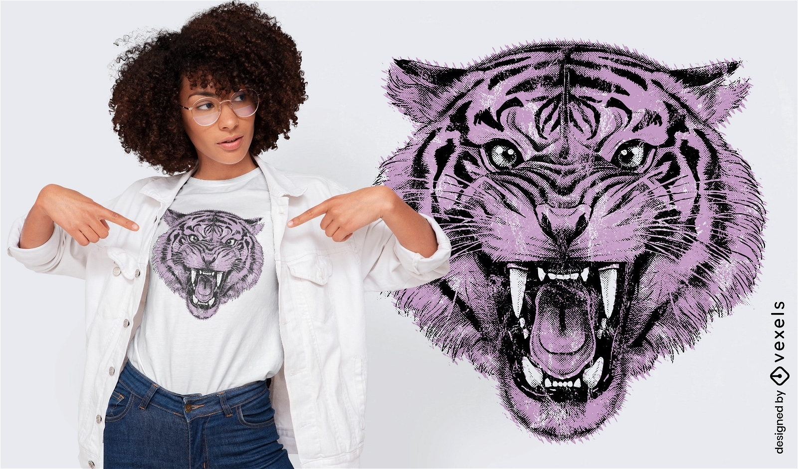 Design de camiseta rugindo animal tigre roxo