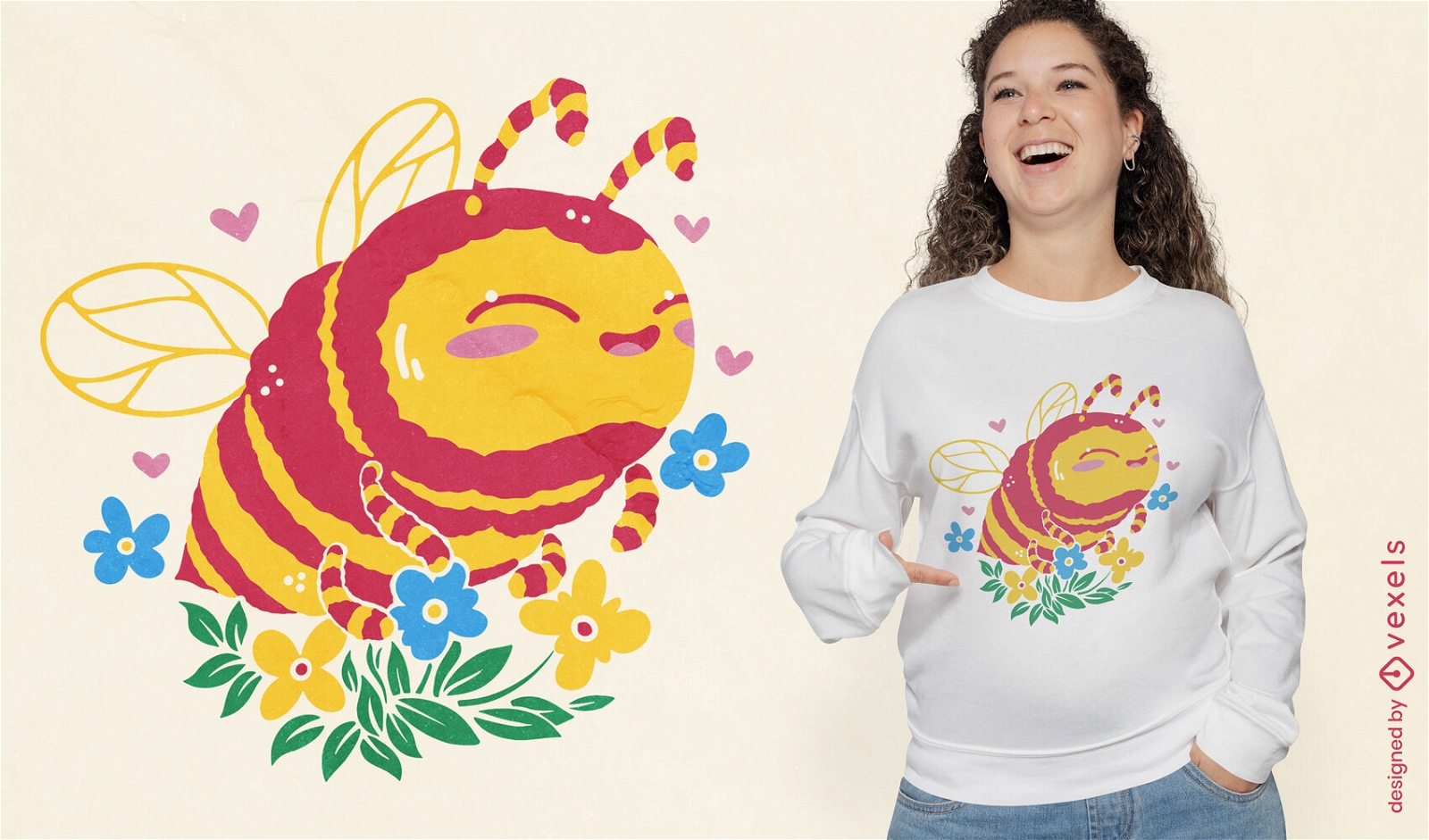 Fröhliche Biene mit Blumen-T-Shirt-Design